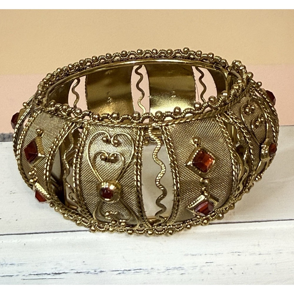 Vintage Gold Mesh Bangle Bracelet • Hinged Wide Cuff with Amber Rhinestones